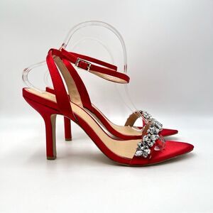 Jewel Badgley Mischka Size 10 Ojai Jeweled Red Satin Heels Dress Sandals Shoes